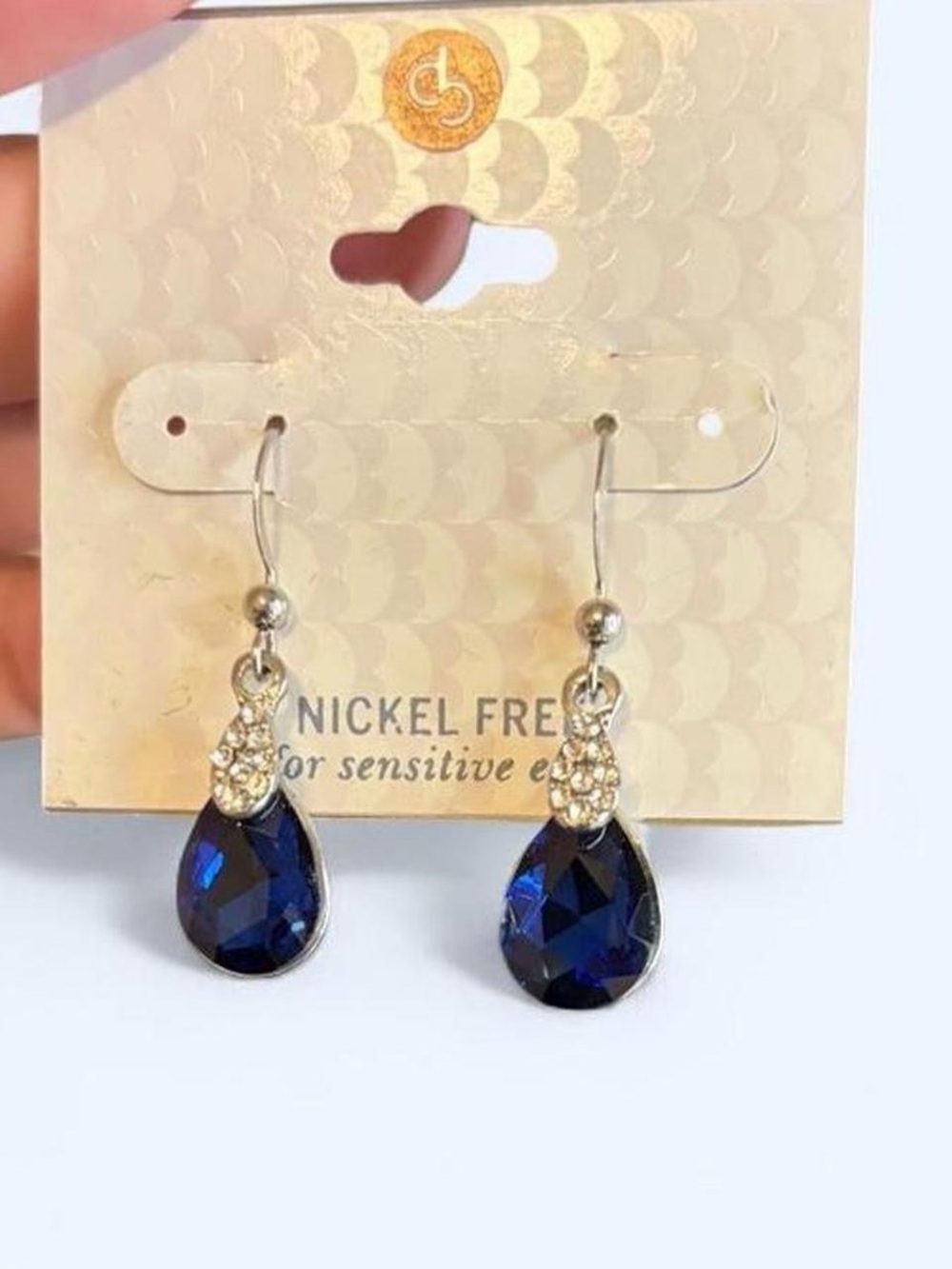 Dressbarn Silver-Tone Navy Teardrop Dangle Earrings with Clear Crystal Accent